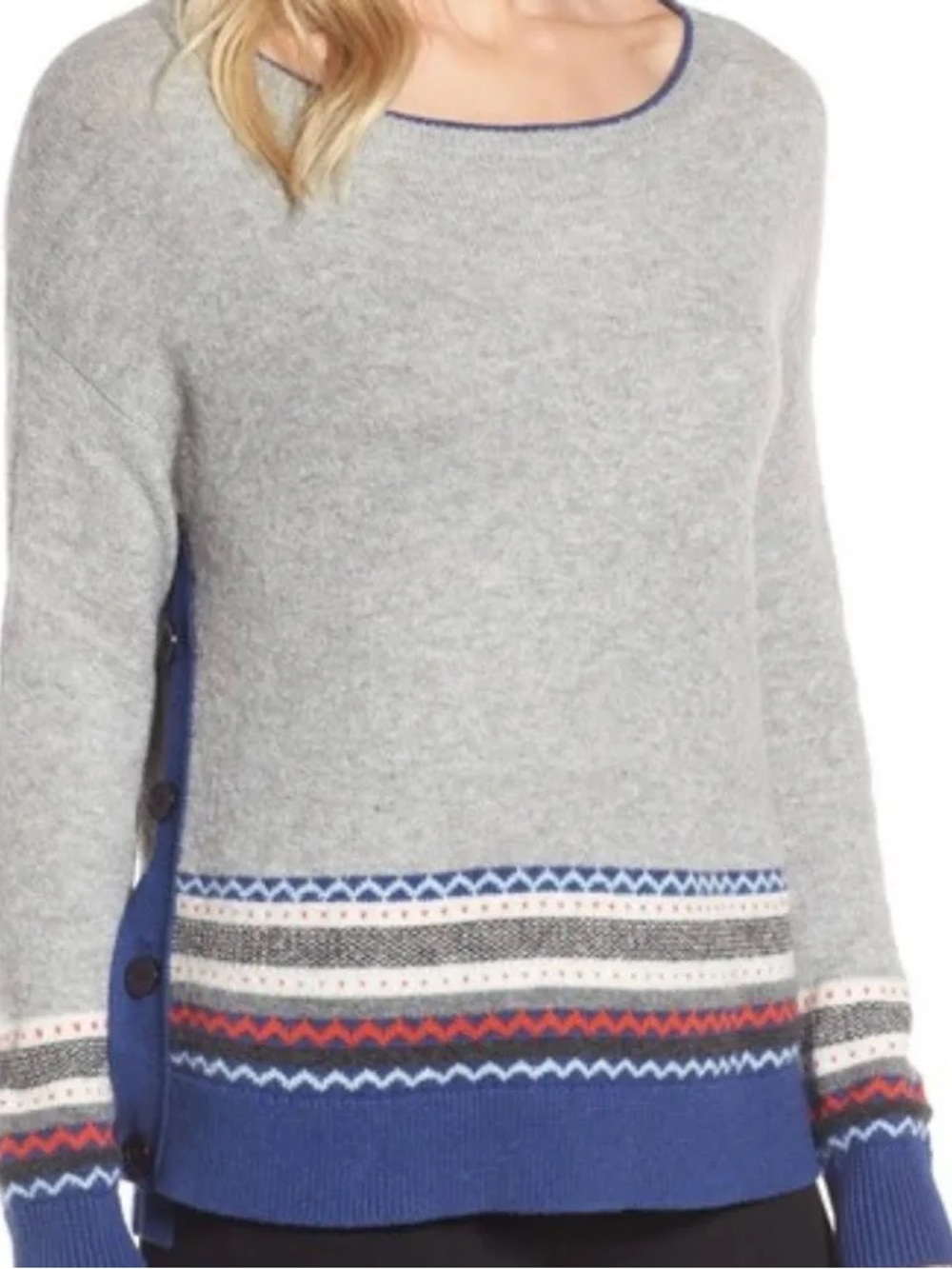 Caslon Fair-Isle Grey Crewneck Sweater with Blue Trim and Patterned Hem